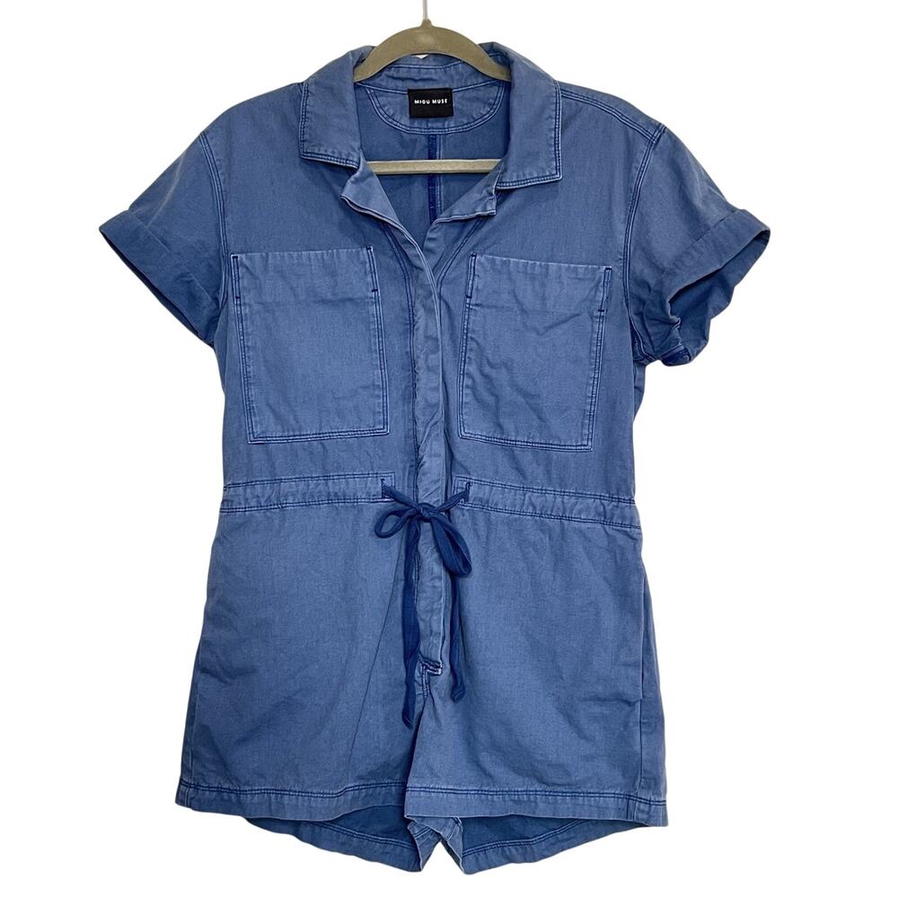 MIOU MUSE Easygoing Romper Size Small Blue 100% Cotton Tie Waist Shorts Casual